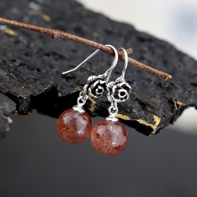 Pink Flower Earrings in 925 Silver and Natural Stone