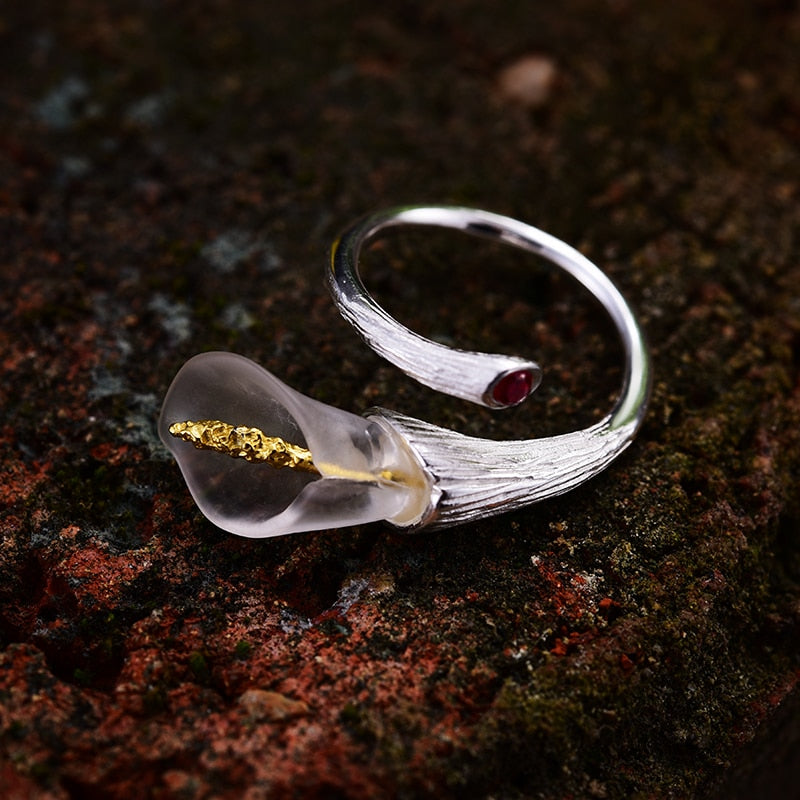 Argento Anello Con Calla Calla Ring In 925 Silver And Gold