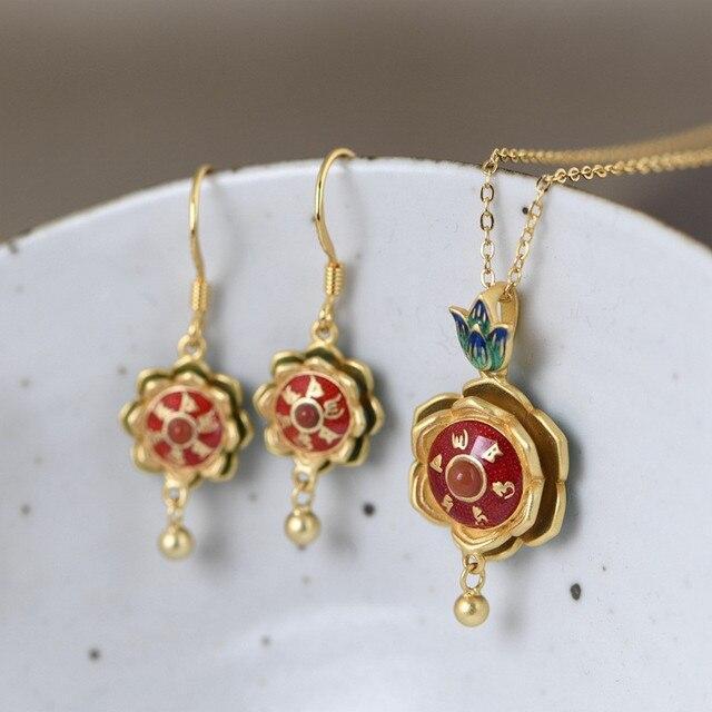 Set Red Orecchini + Ciondolo Fiore di Loto di Preghiera Tibetana in Argento 925 - EkoWorld Jewels Set