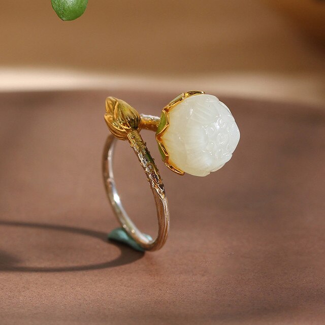 Anello Fiore di Loto in Argento 925 e Giada Naturale - EkoWorld Jewels Anello