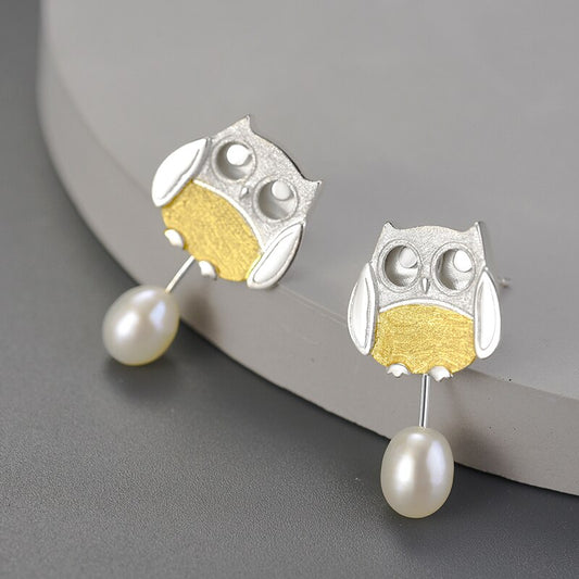 Owl Earrings in 925 Silver, Gold and Natural Pearl
